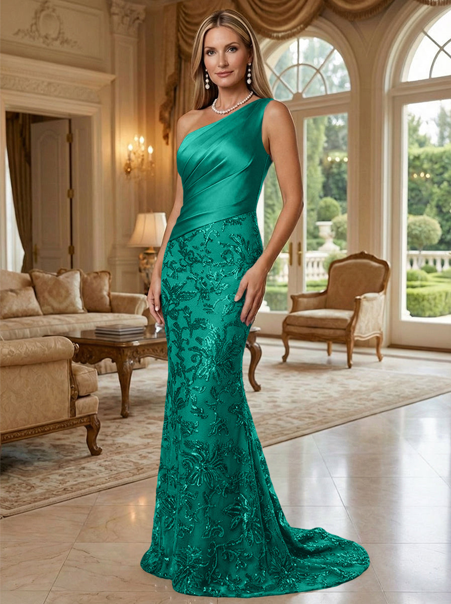 Sheath/Column One Shoulder Floral Sequin Evening Gowns  Ruched Satin Bodice