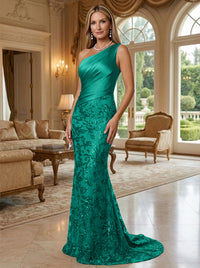 Sheath/Column One Shoulder Floral Sequin Evening Gowns  Ruched Satin Bodice