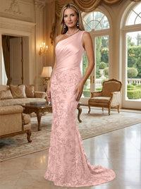 Sheath/Column One Shoulder Floral Sequin Evening Gowns  Ruched Satin Bodice