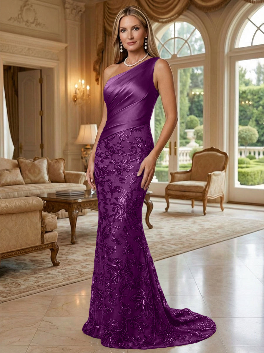 Sheath/Column One Shoulder Floral Sequin Evening Gowns  Ruched Satin Bodice