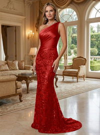 Sheath/Column One Shoulder Floral Sequin Evening Gowns  Ruched Satin Bodice