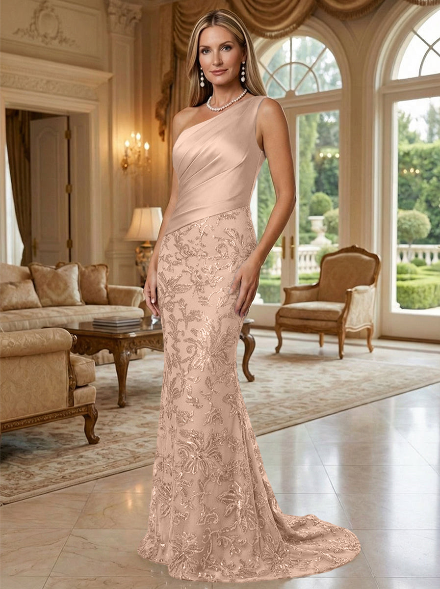 Sheath/Column One Shoulder Floral Sequin Evening Gowns  Ruched Satin Bodice