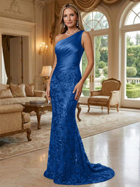 Sheath/Column One Shoulder Floral Sequin Evening Gowns  Ruched Satin Bodice
