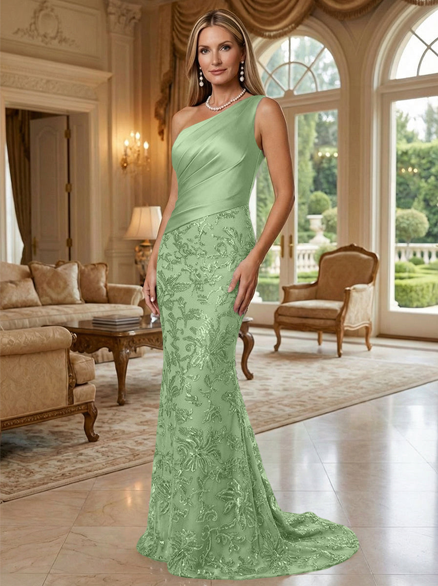 Sheath/Column One Shoulder Floral Sequin Evening Gowns  Ruched Satin Bodice