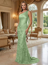 Sheath/Column One Shoulder Floral Sequin Evening Gowns  Ruched Satin Bodice