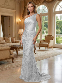 Sheath/Column One Shoulder Floral Sequin Evening Gowns  Ruched Satin Bodice