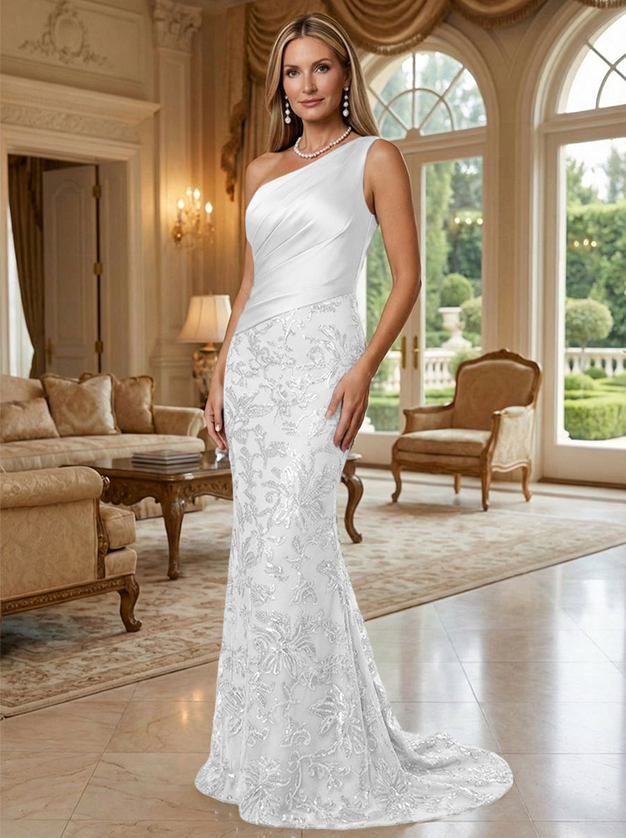 Sheath/Column One Shoulder Floral Sequin Evening Gowns  Ruched Satin Bodice