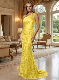 Sheath/Column One Shoulder Floral Sequin Evening Gowns  Ruched Satin Bodice