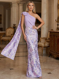 Sheath Asymmetric Cape Sleeve Evening Dresses with Floral Jacquard