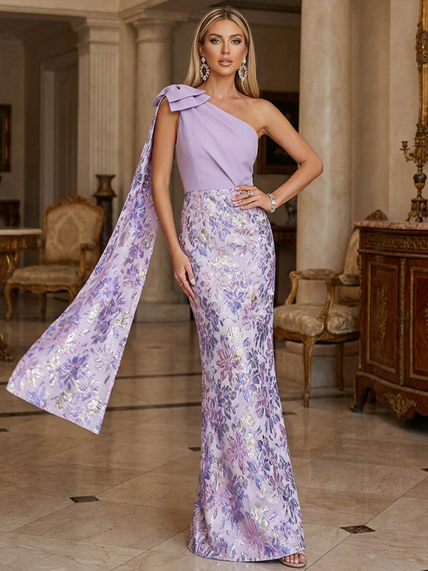 Sheath Asymmetric Cape Sleeve Evening Dresses with Floral Jacquard