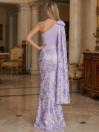 Sheath Asymmetric Cape Sleeve Evening Dresses with Floral Jacquard