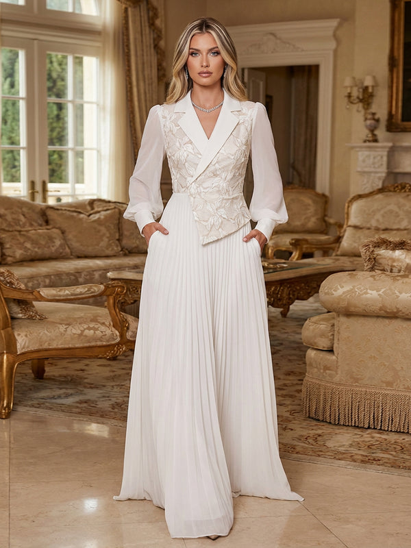 Pleated Chiffon Long Lantern Sleeves Mother of the Bride & Groom Jumpsuit with Floral Sequin Beaded Embroidery