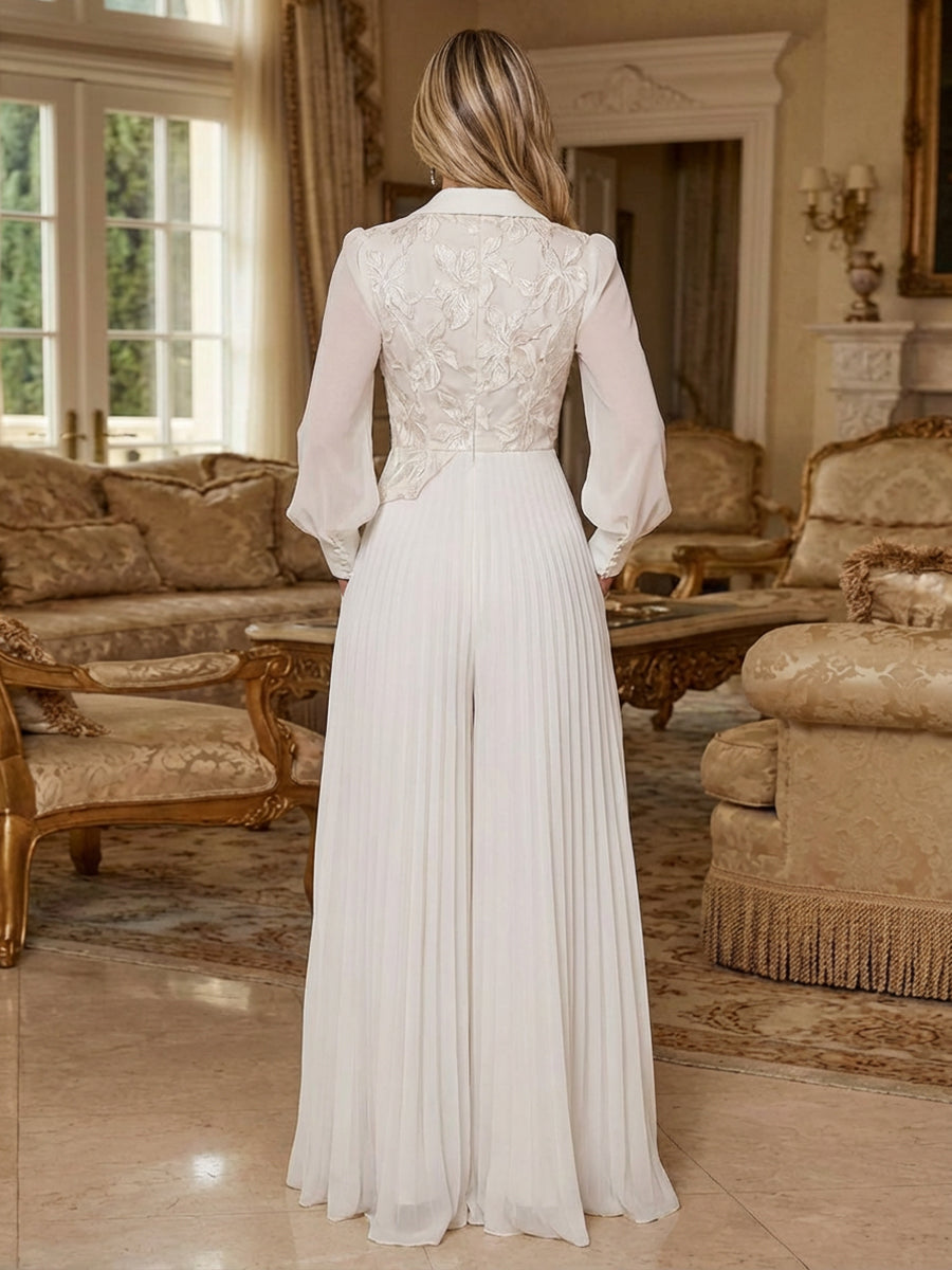 Pleated Chiffon Long Lantern Sleeves Mother of the Bride & Groom Jumpsuit with Floral Sequin Beaded Embroidery