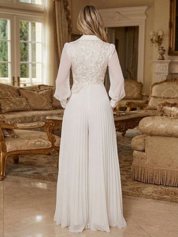Pleated Chiffon Long Lantern Sleeves Mother of the Bride & Groom Jumpsuit with Floral Sequin Beaded Embroidery