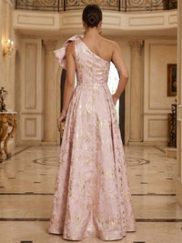 A-Line Metallic Jacquard Mother of the Bride & Groom Dresses Floor-Length Evening Gowns with One Shoulder Bow & Pockets