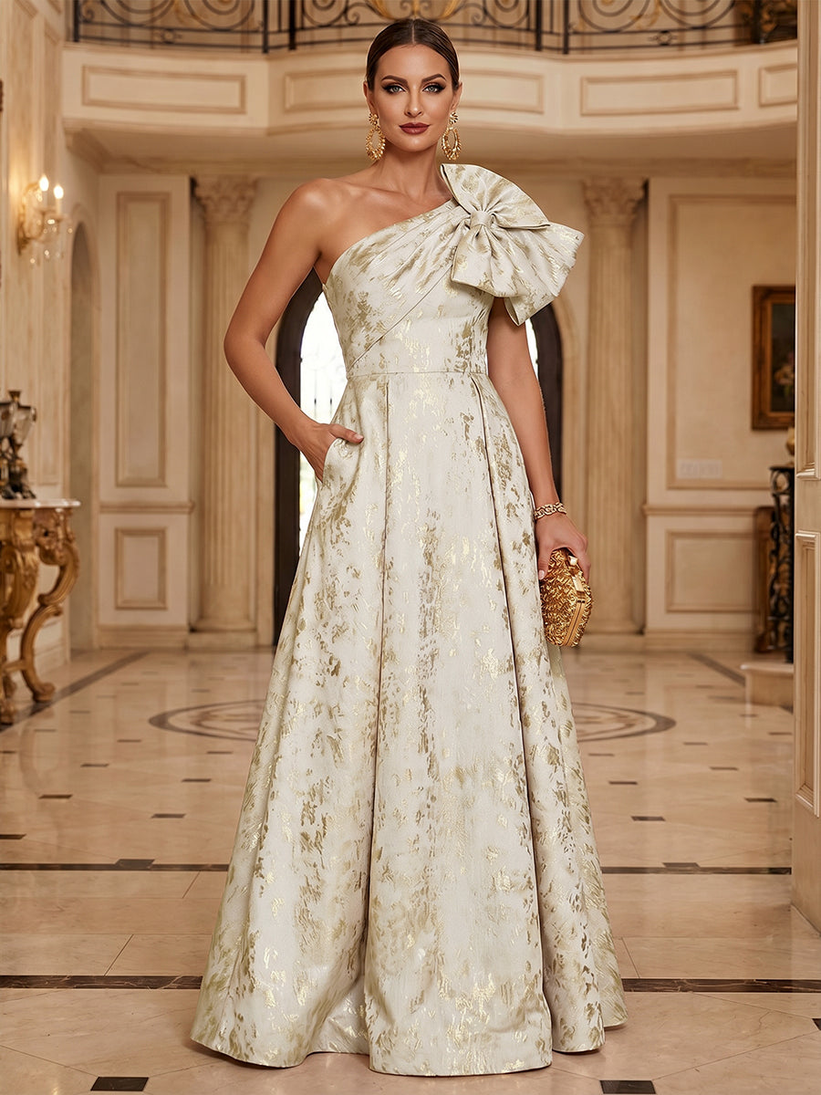 metallic mother of the bride dresses Shirees Champagne A-Line Metallic Jacquard Mother of the Bride & Groom Dresses Floor-Length Evening Gowns with One Shoulder Bow & Pockets 2026