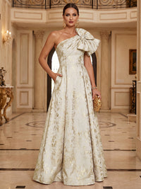 A-Line Metallic Jacquard Mother of the Bride & Groom Dresses Floor-Length Evening Gowns with One Shoulder Bow & Pockets