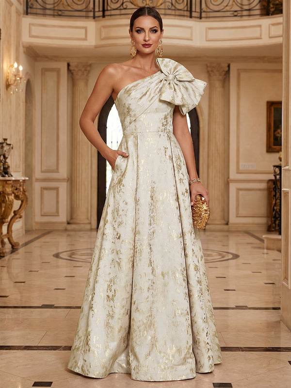 A-Line Metallic Jacquard Mother of the Bride & Groom Dresses Floor-Length Evening Gowns with One Shoulder Bow & Pockets