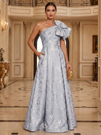 A-Line Metallic Jacquard Mother of the Bride & Groom Dresses Floor-Length Evening Gowns with One Shoulder Bow & Pockets