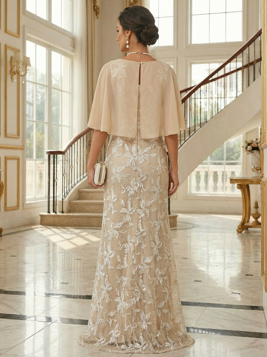 Sheath/Column Cape Sleeves Mother of the Bride & Groom Dresses with Floral Beaded Sequin Embroidered