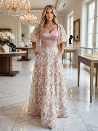 A-Line Puff Sleeves Floor-Length Mother of the Bride & Groom Dresses with Floral Beaded Sequin Embroidered & Sweetheart Corset Bodice