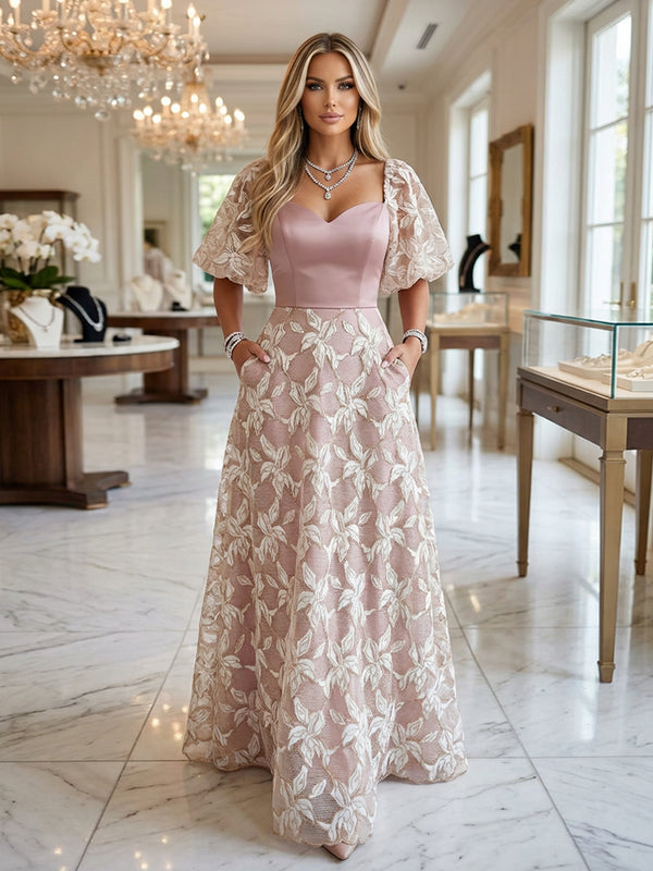 A-Line Puff Sleeves Floor-Length Mother of the Bride & Groom Dresses with Floral Beaded Sequin Embroidered & Sweetheart Corset Bodice