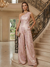 One Shoulder Metallic Jacquard Wide-Leg Mother of the Bride & Groom Jumpsuit with Pockets