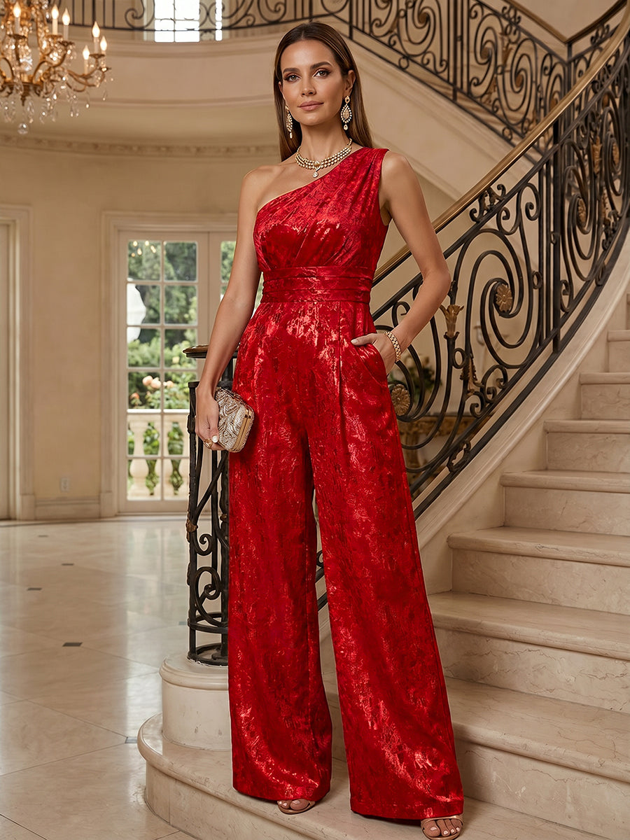 One Shoulder Metallic Jacquard Wide-Leg Mother of the Bride & Groom Jumpsuit with Pockets