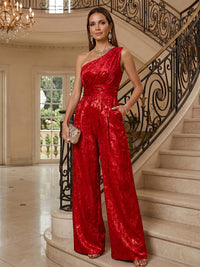 One Shoulder Metallic Jacquard Wide-Leg Mother of the Bride & Groom Jumpsuit with Pockets