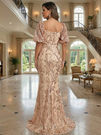 Mermaid/Trumpet Puff Sleeves Floor-Length Mother of the Bride & Groom Dresses with Floral Sequin Embroidered, Sweetheart Corset Bodice & Sweep Train