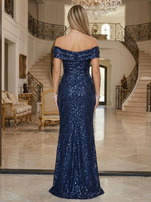 Sheath Off Shoulder Lace Sequin Floor-Length Mother of the Bride & Groom Dresses with Rhinestones & High Slit