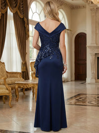 Sheath Off Shoulder Satin Floor-Length Mother of the Bride & Groom Dresses with Ruched Ruffled Sequin Waist & High Slit
