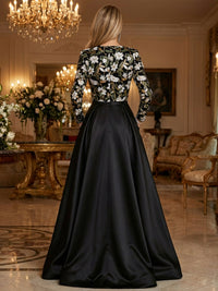 A-Line Satin Floor-Length Long Sleeves Mother of the Bride & Groom Dresses with Floral Sequin Bodice & High Slit