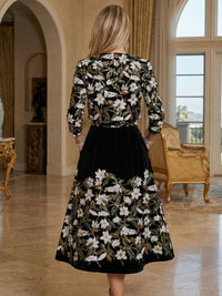 Two-Piece Floral Sequin Jacquard Tea Length Mother of the Bride & Groom Dresses Suit with Cropped Jacket