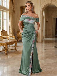 Sheath Satin Off Shoulder Mother of the Bride & Groom Dresses Floor-Length Evening Gowns with Ruched Waist, 3D Floral Lace Sequin Embroidered & Slit