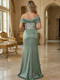 Sheath Satin Off Shoulder Mother of the Bride & Groom Dresses Floor-Length Evening Gowns with Ruched Waist, 3D Floral Lace Sequin Embroidered & Slit