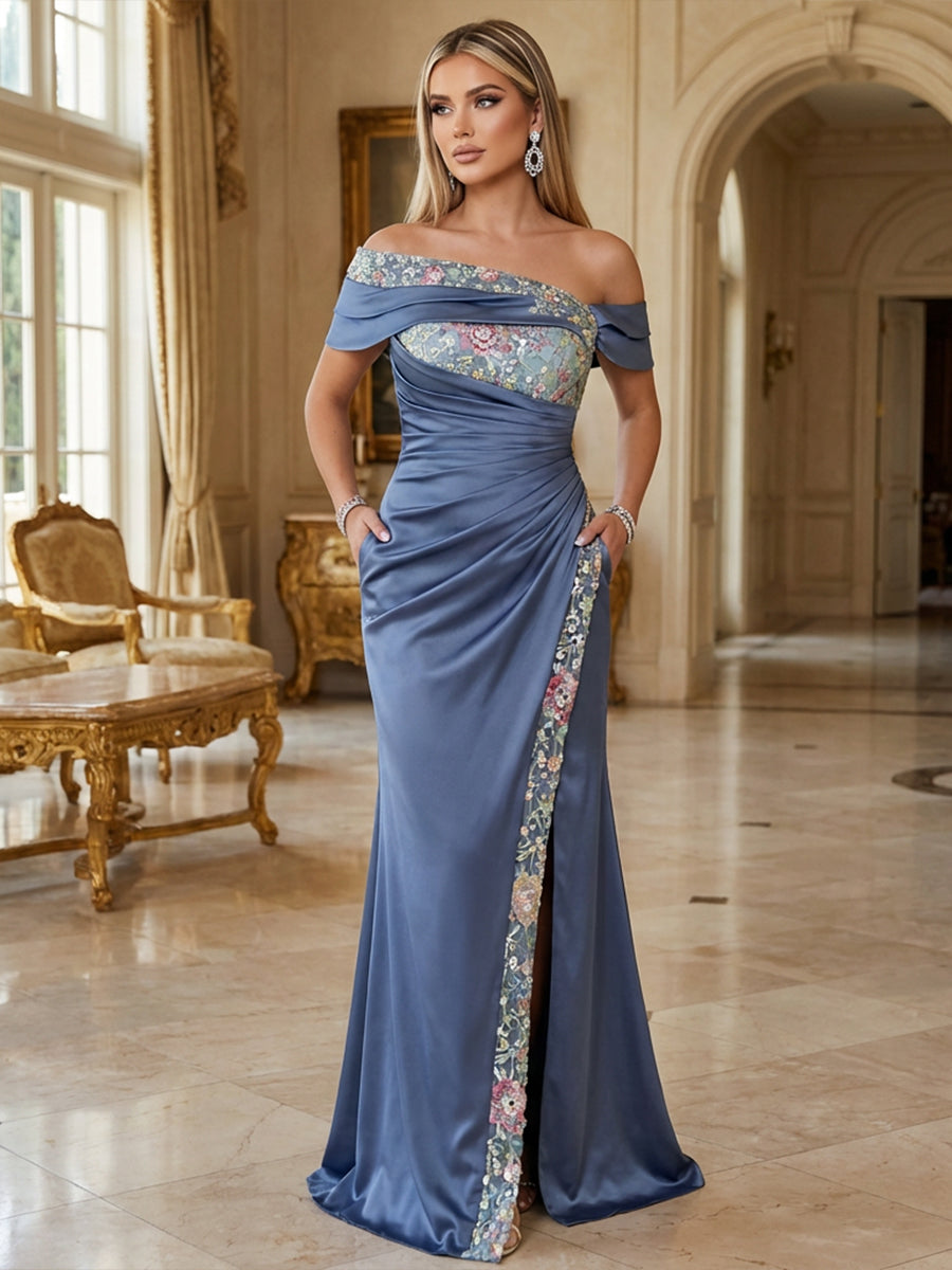 Sheath Satin Off Shoulder Mother of the Bride & Groom Dresses Floor-Length Evening Gowns with Ruched Waist, 3D Floral Lace Sequin Embroidered & Slit