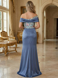 Sheath Satin Off Shoulder Mother of the Bride & Groom Dresses Floor-Length Evening Gowns with Ruched Waist, 3D Floral Lace Sequin Embroidered & Slit