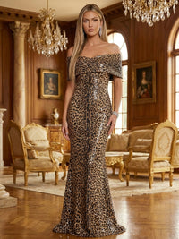 Sheath Off Shoulder Leopard Sequin Evening Gowns Maxi Formal Dress for Women