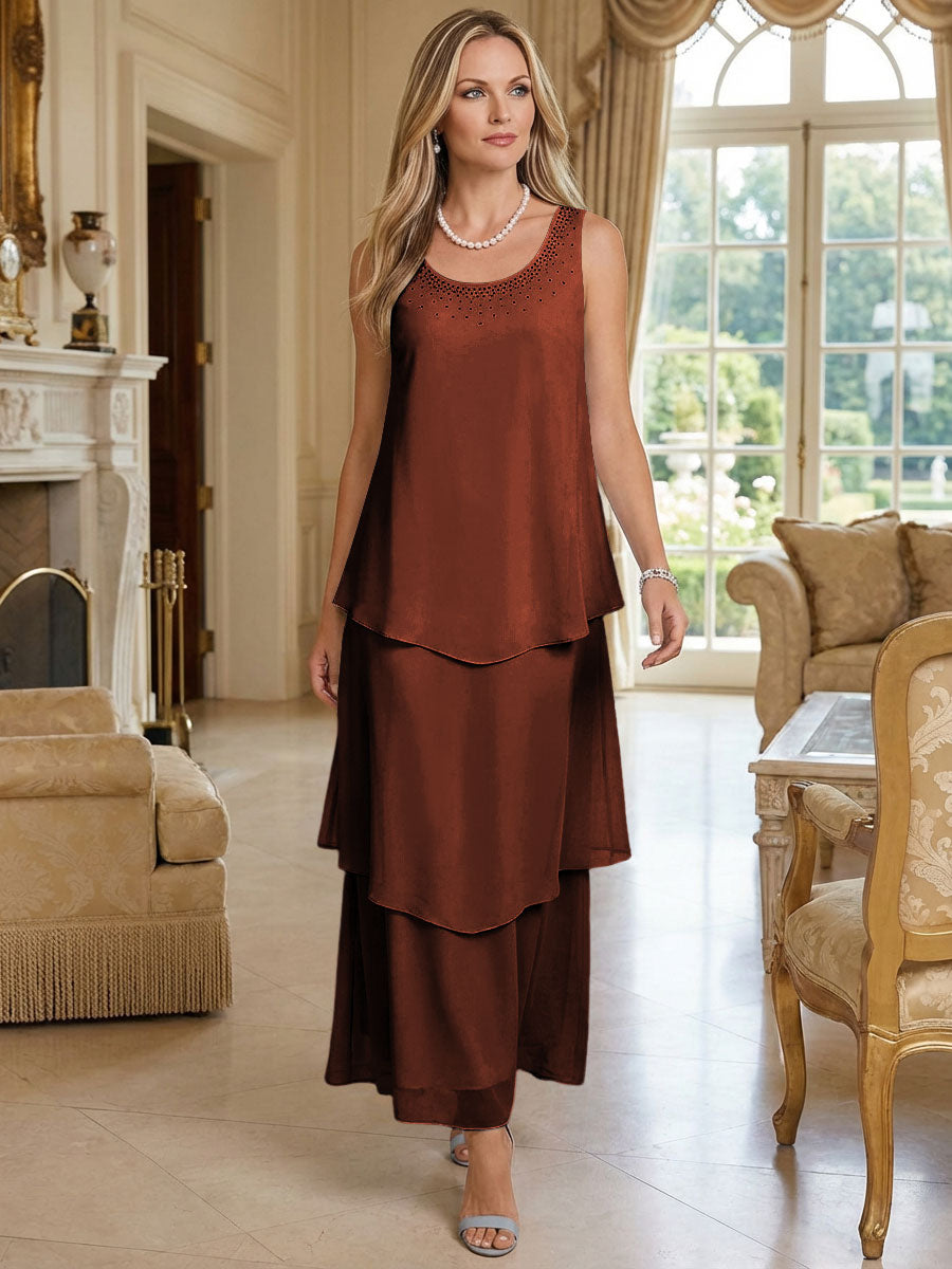 A-Line Chiffon Tea Length Layered Mother of the Bride & Groom Dresses
