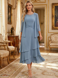 Two-Piece Chiffon Layered Tea Length 3/4 Sleeves Mother of the Bride & Groom Dresses with Rhinestone Embellished Neck