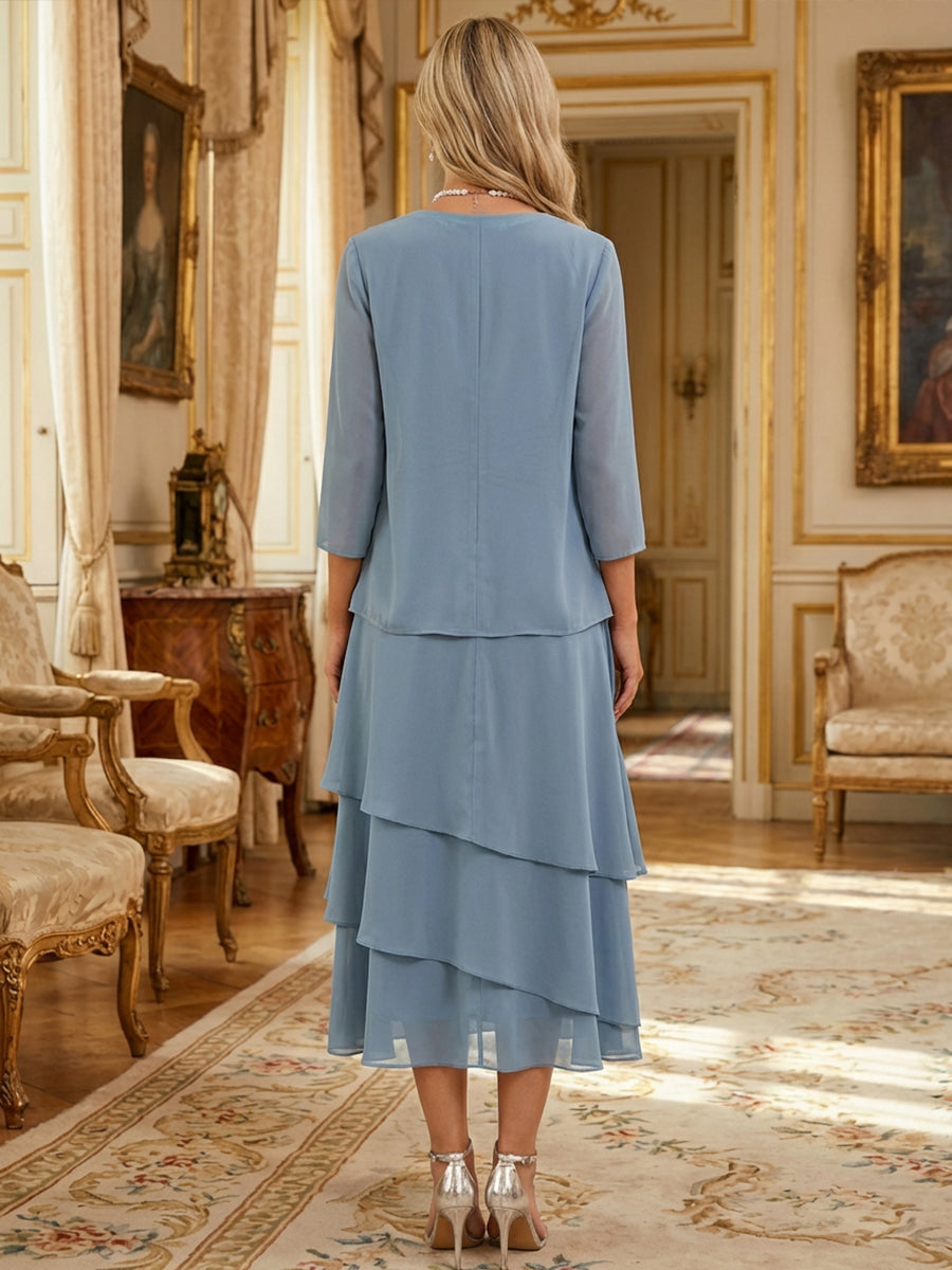 Two-Piece Chiffon Layered Tea Length 3/4 Sleeves Mother of the Bride & Groom Dresses with Rhinestone Embellished Neck