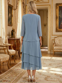 Two-Piece Chiffon Layered Tea Length 3/4 Sleeves Mother of the Bride & Groom Dresses with Rhinestone Embellished Neck