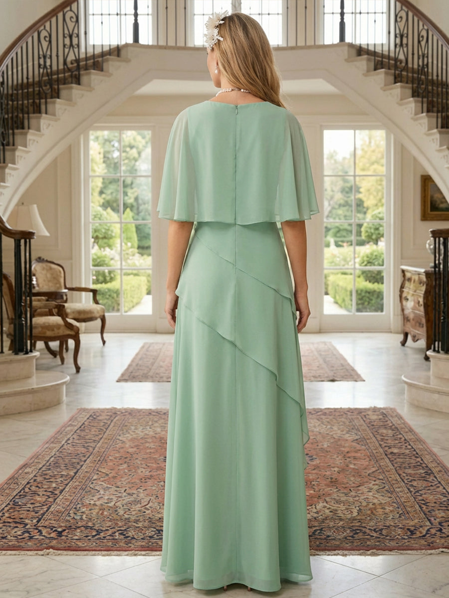 Chiffon Floor-Length Cape Sleeves Mother of the Bride & Groom Dresses with Asymmetrical Layered Ruffles