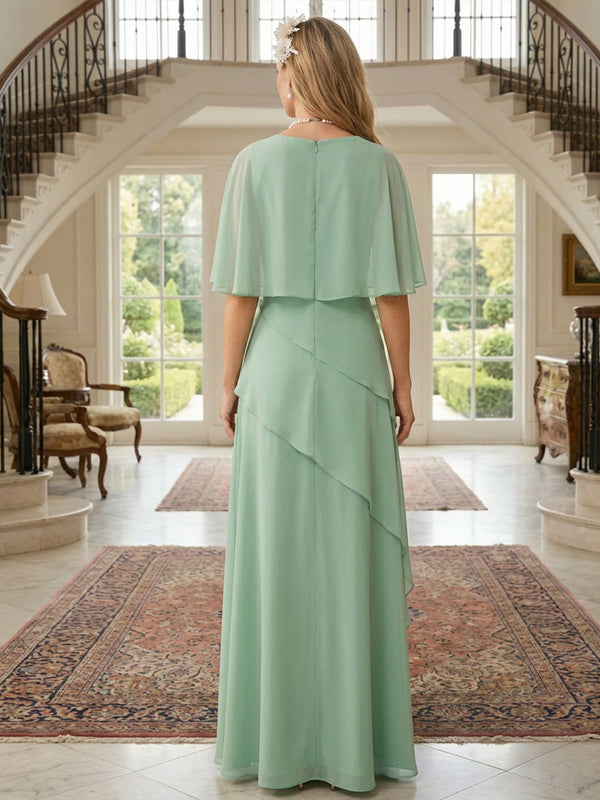 Chiffon Floor-Length Cape Sleeves Mother of the Bride & Groom Dresses with Asymmetrical Layered Ruffles