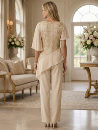 Two-Piece Chiffon & Sequin Floor Length Mother of the Bride & Groom Pant Suit with Short Flutter Sleeves