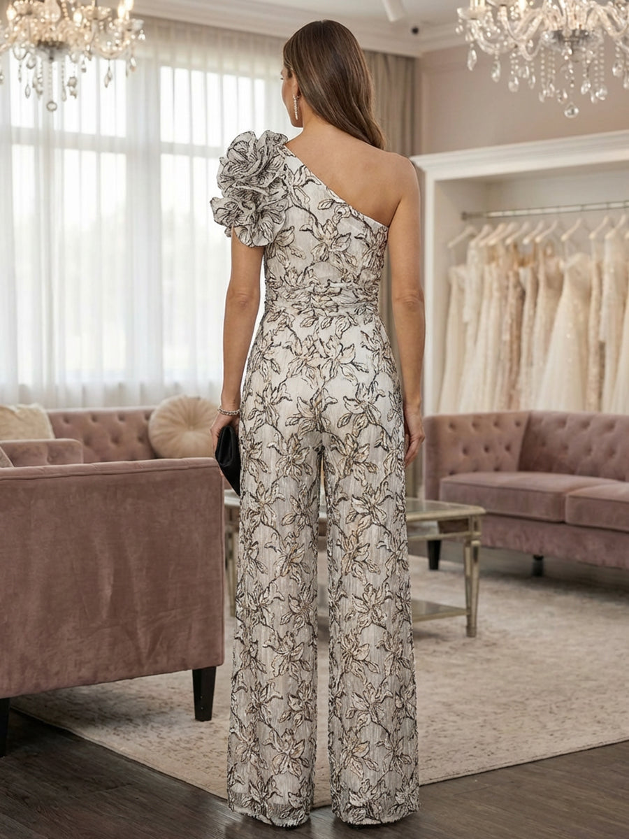 One Shoulder Tulle Floral Metallic Thread Wide-Leg Mother of the Bride & Groom Jumpsuit with 3D Floral Applique