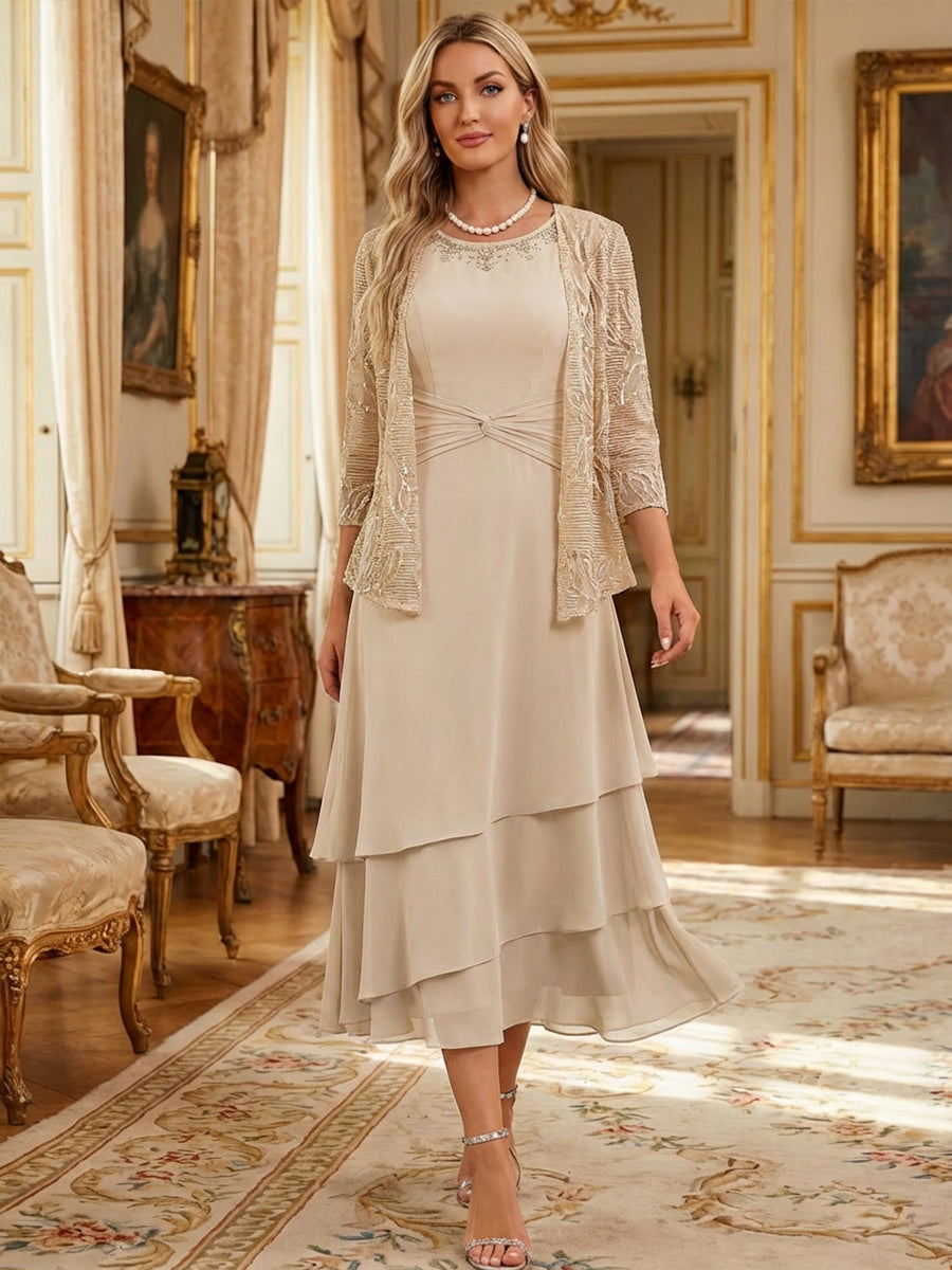 Two-Piece Chiffon & Sequin Tea Length 3/4 Sleeves Mother of the Bride & Groom Dresses with Rhinestone Embellished Neck