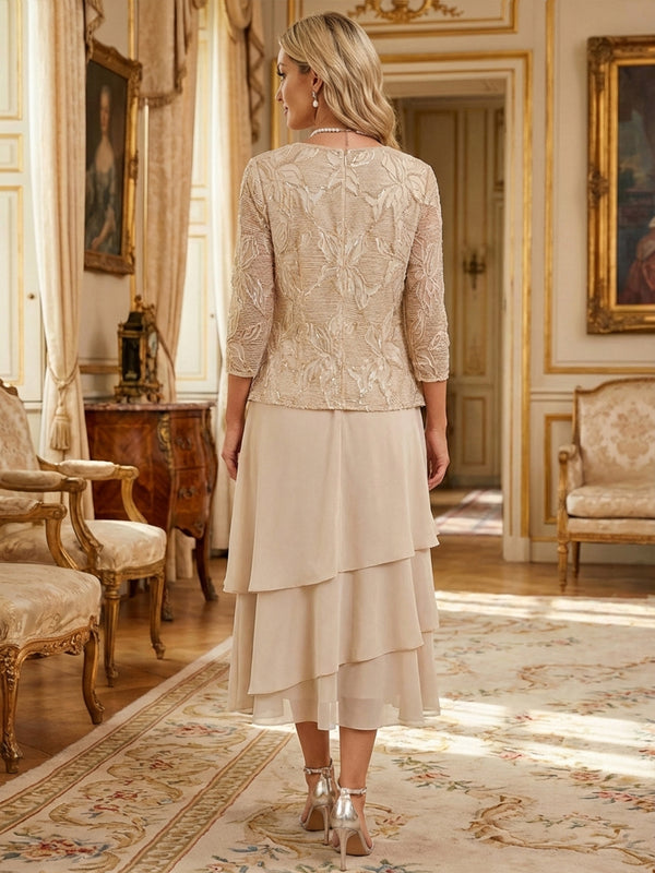 Two-Piece Chiffon & Sequin Tea Length 3/4 Sleeves Mother of the Bride & Groom Dresses with Rhinestone Embellished Neck