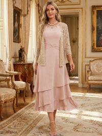 Two-Piece Chiffon & Sequin Tea Length 3/4 Sleeves Mother of the Bride & Groom Dresses with Rhinestone Embellished Neck